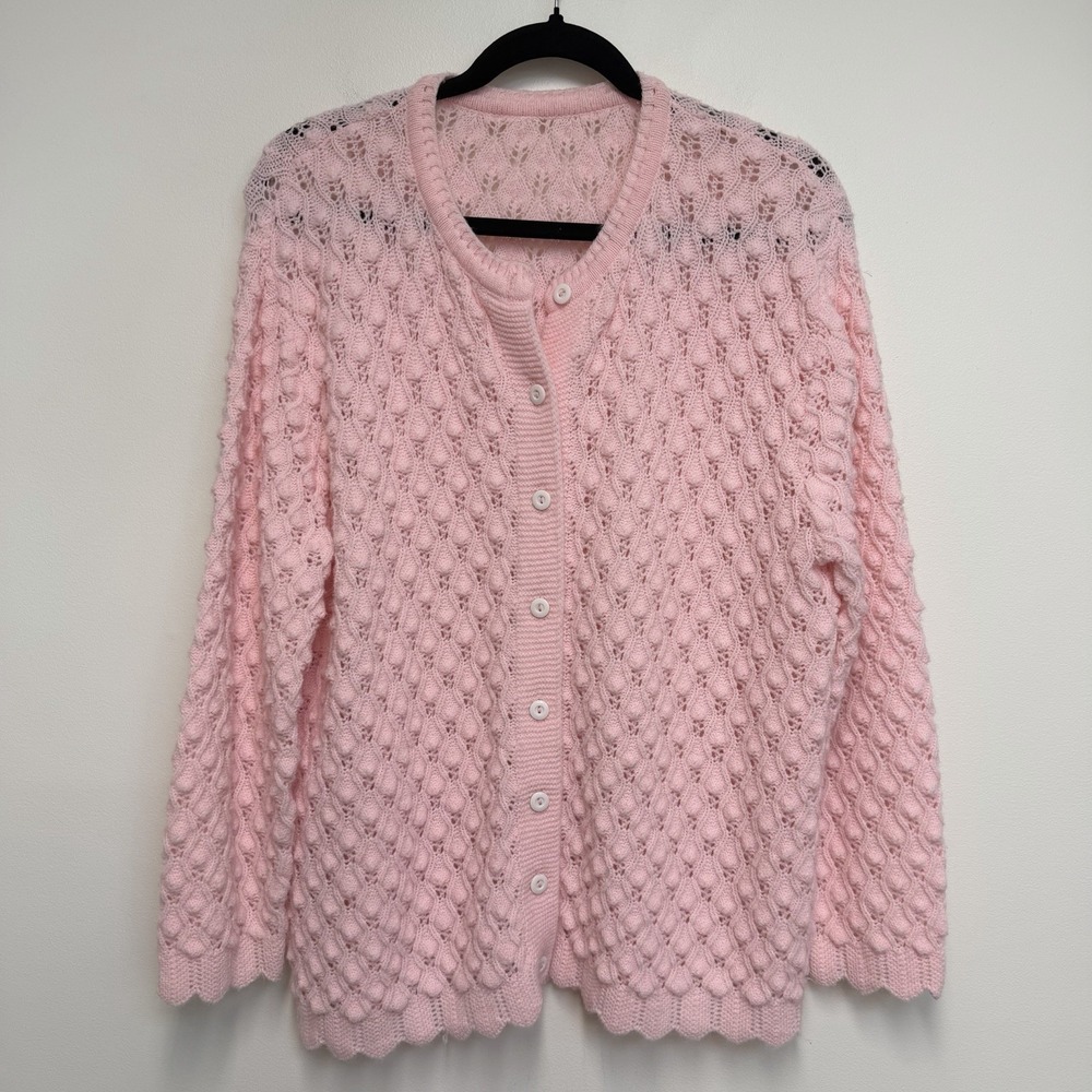 Vintage Baby Pink Bobble Knit Cardigan Sweater L/XL Twee Grannycore